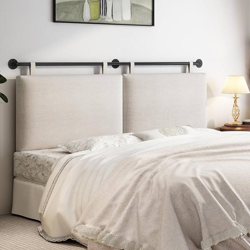 Hanging Upholstered Headboard with Fabric Straps & Metal Rod