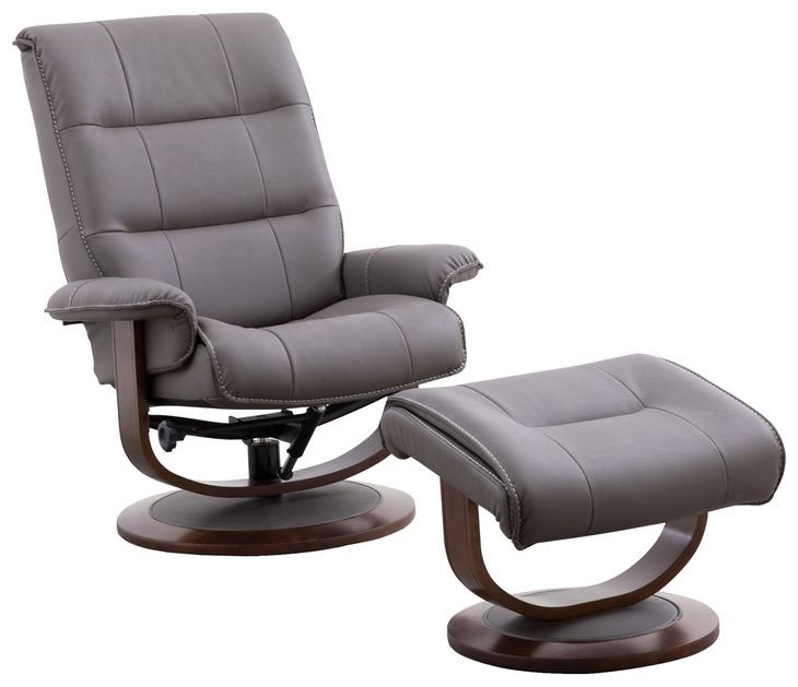 Haze Grey Reclining Chair Set with Matching Ottoman and Wood-Toned Base.