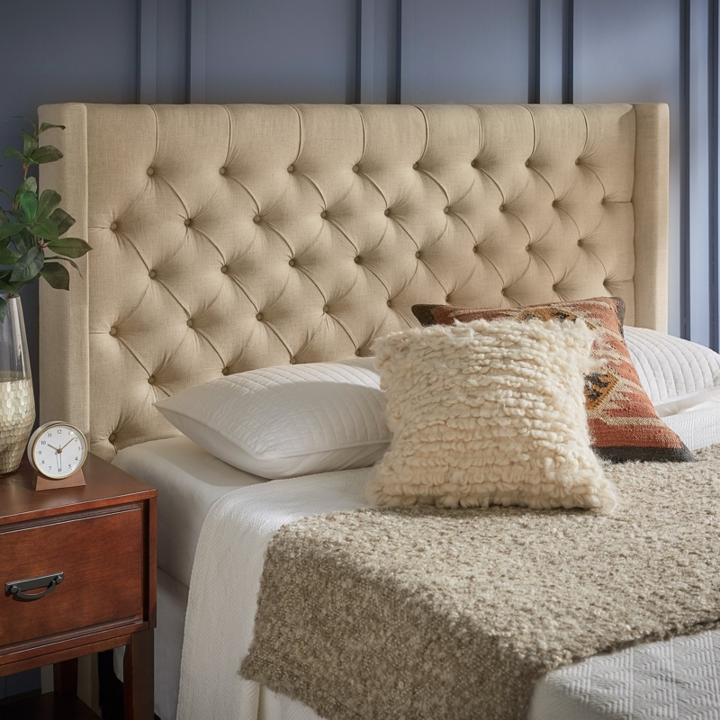 Headboard Beige Linen Wingback Deep Button Tufted Cozy Traditional