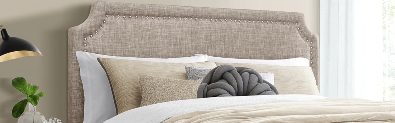 Headboard: Beige Woven Camelback & Nailhead Trim Neutral Fabric