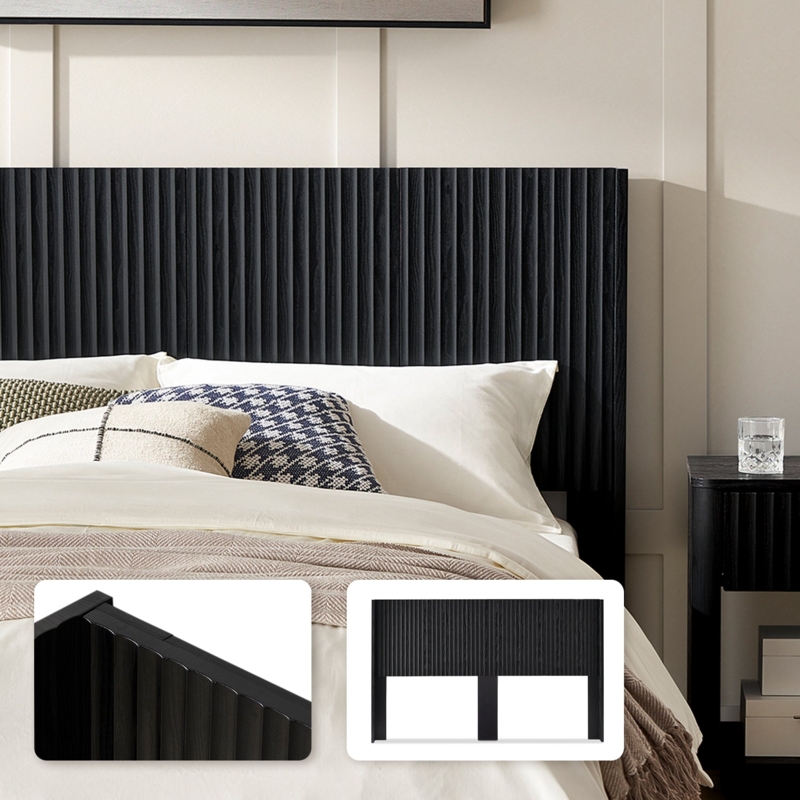 Headboard Black Oak Ribbed Surface Vertical Slats Contemporary