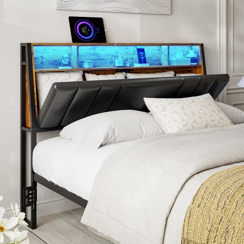 Headboard Black Upholstered Tilt-Out Panel with Integrated Charging