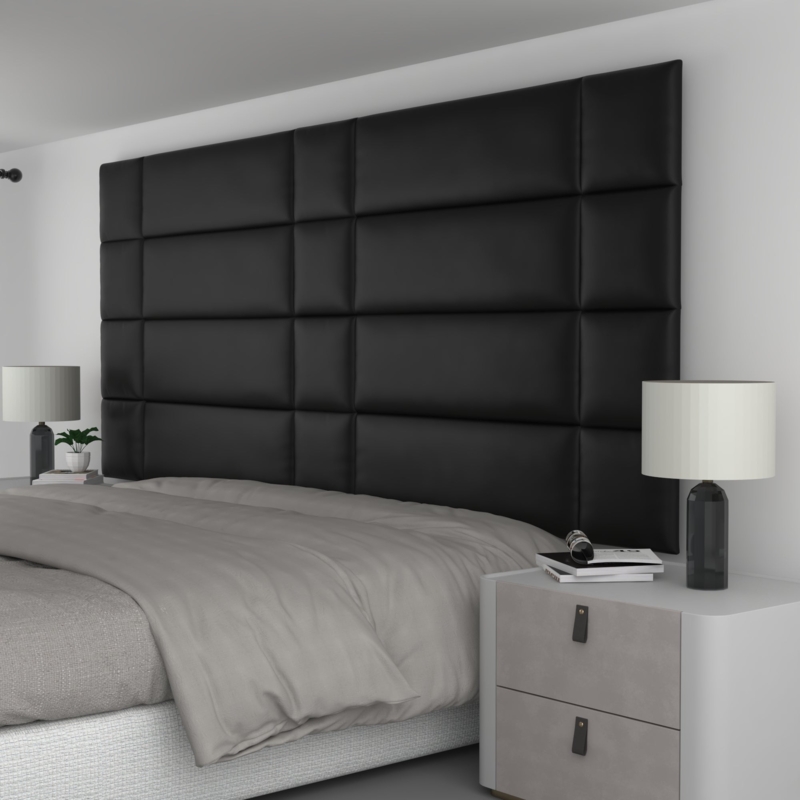 Headboard Black Upholstered Wall Panels Grid Pattern Oversized