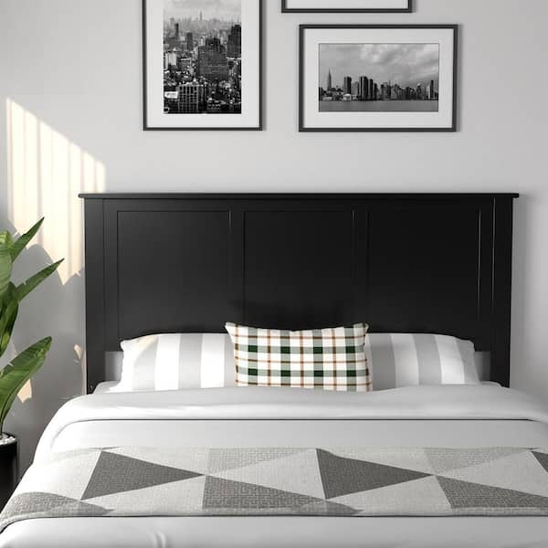 Headboard Black Wood Three Panel Matte Finish Minimalist