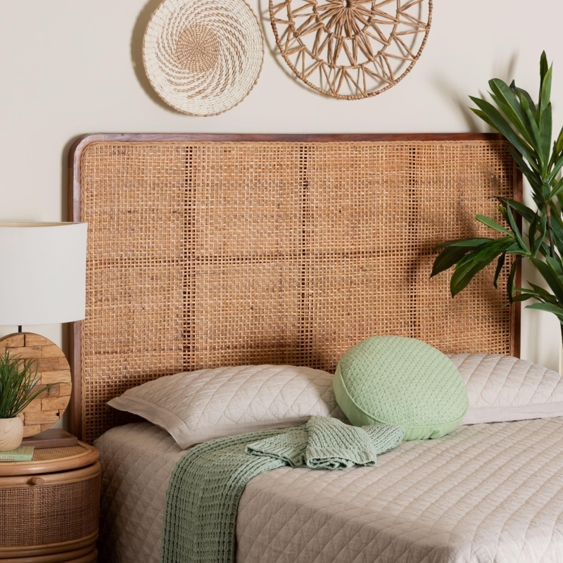 Headboard Cane Mesh Panels Wood Toned Frame Rectangular Earthy
