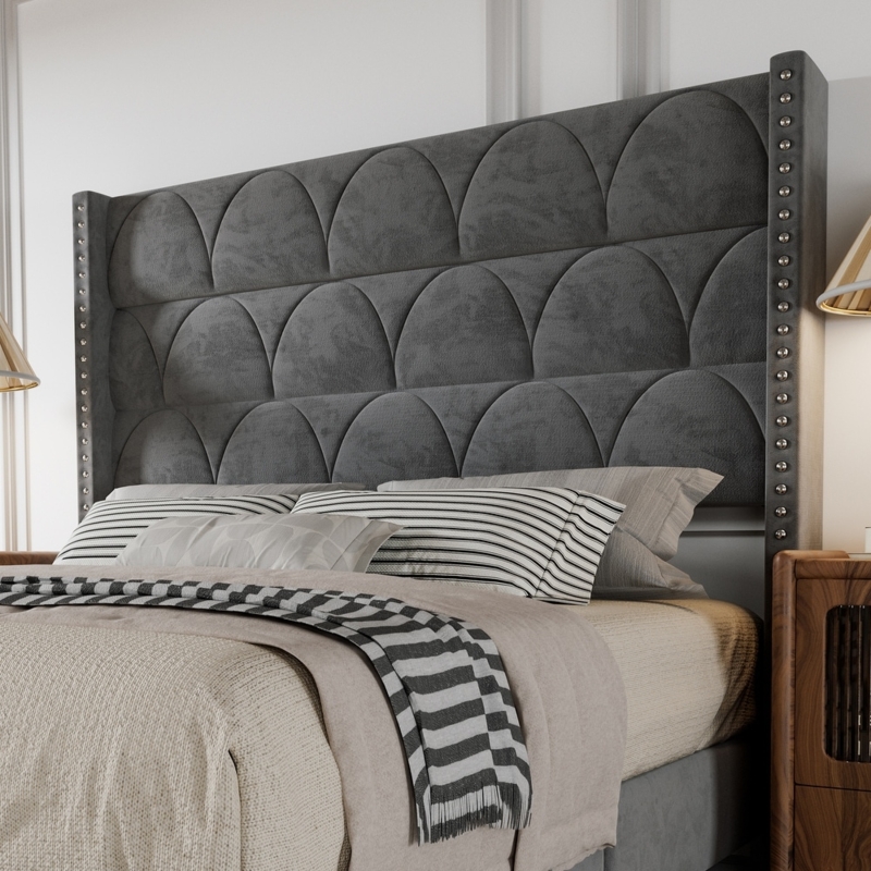 Headboard Charcoal Grey Wingback Scalloped Quilting Nailhead Trim
