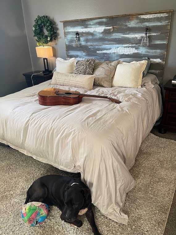 Headboard Chippy Paint Integrated Cage Sconces Rustic Farmhouse