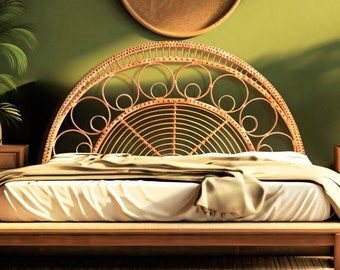 Headboard Circular Motifs Radial Slats Arched Rattan Boho