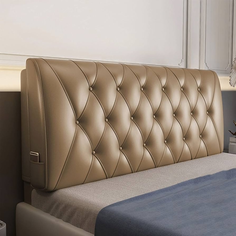 Headboard Cushion Tan Faux Leather Diamond Tufted Side Pocket