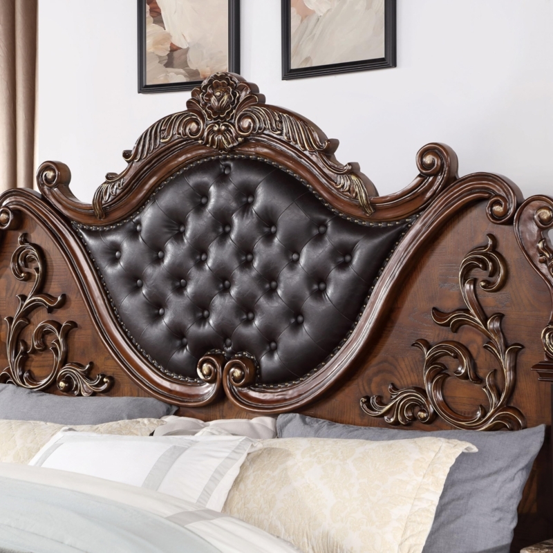 Headboard Dark Cherry Button Tufted Center Intricate Carvings