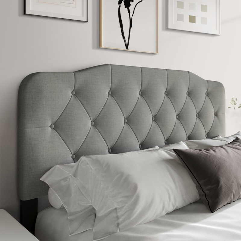 Headboard: Diamond Tufted Arched Silhouette in Warm Grey Linen-Like Fabric