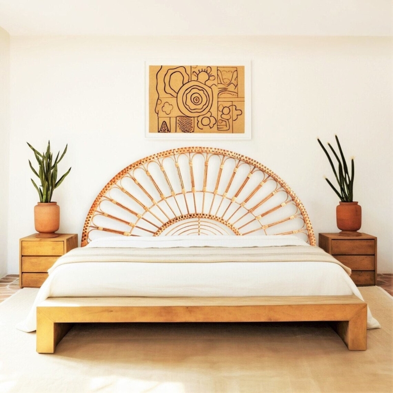 Headboard Fan Shaped Silhouette Radiating Spokes Rattan Sunburst