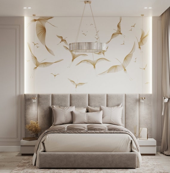 Headboard featuring Ethereal Bird Mural & Integrated LED Backlighting