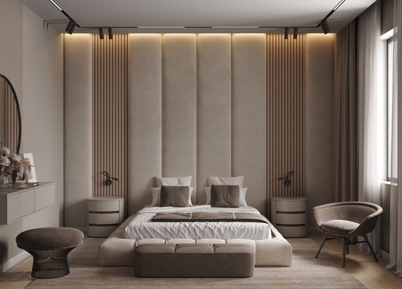 Headboard featuring Slatted Wood Accents & Floor to Ceiling Panels