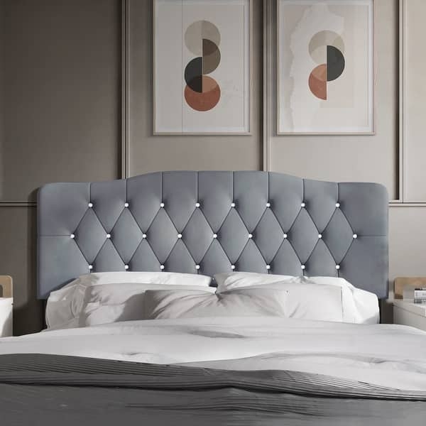 Headboard Grey Velvet Curved Crystal Buttons Glam Bedroom Decor