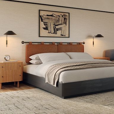Headboard Hanging Leather Straps Metal Rail Cognac Brown Cushions