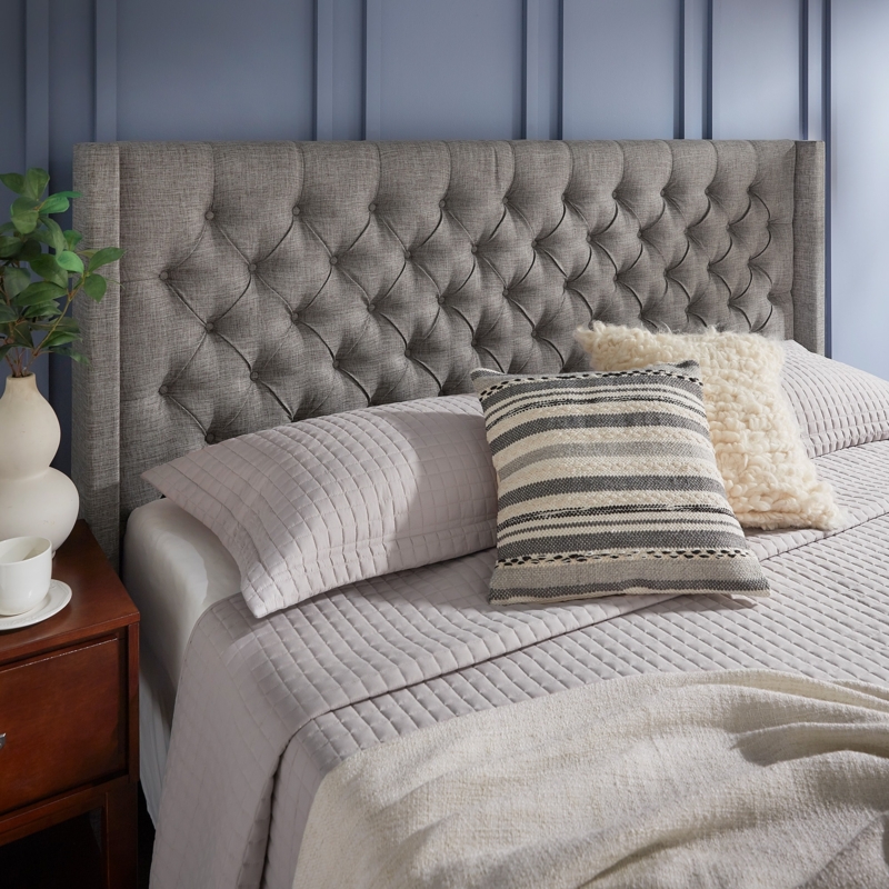 Headboard Heathered Gray Wingback Diamond Button Tufted Transitional
