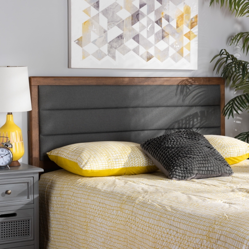 Headboard Horizontal Channel Tufting Walnut Framed Dark Grey Modern