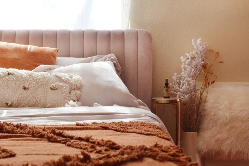 Headboard in Blush Pink Velvet with Vertical Channel Tufting, Boho Chic
