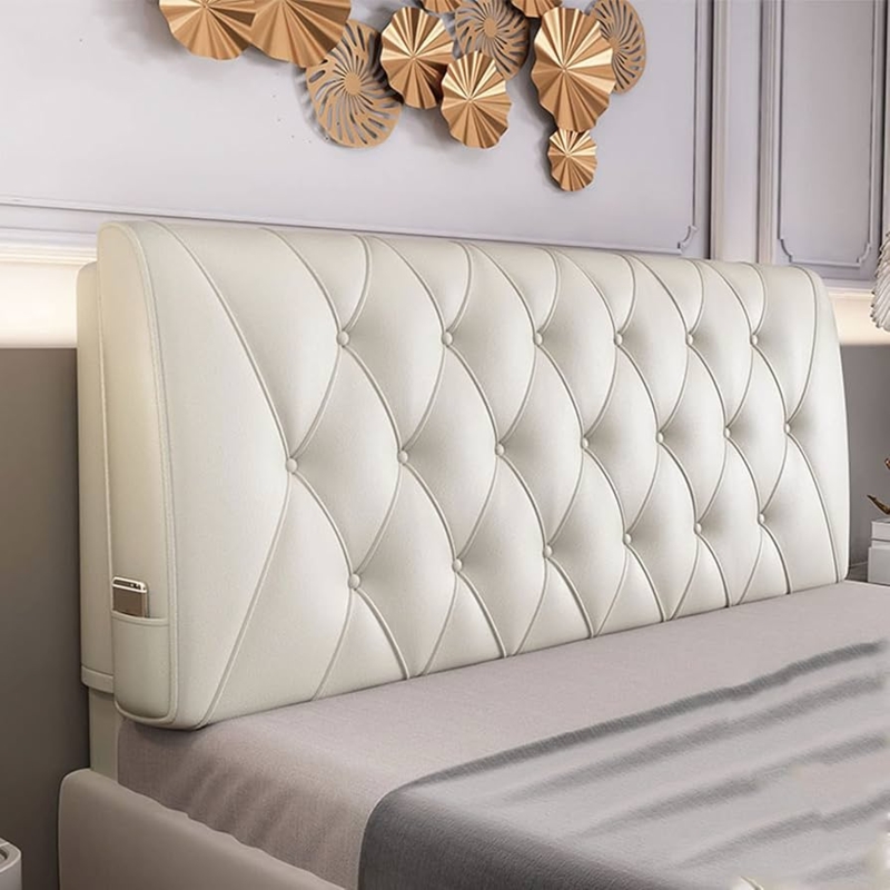 Headboard in Cream Leather-Like Finish with Diamond Button Tufting