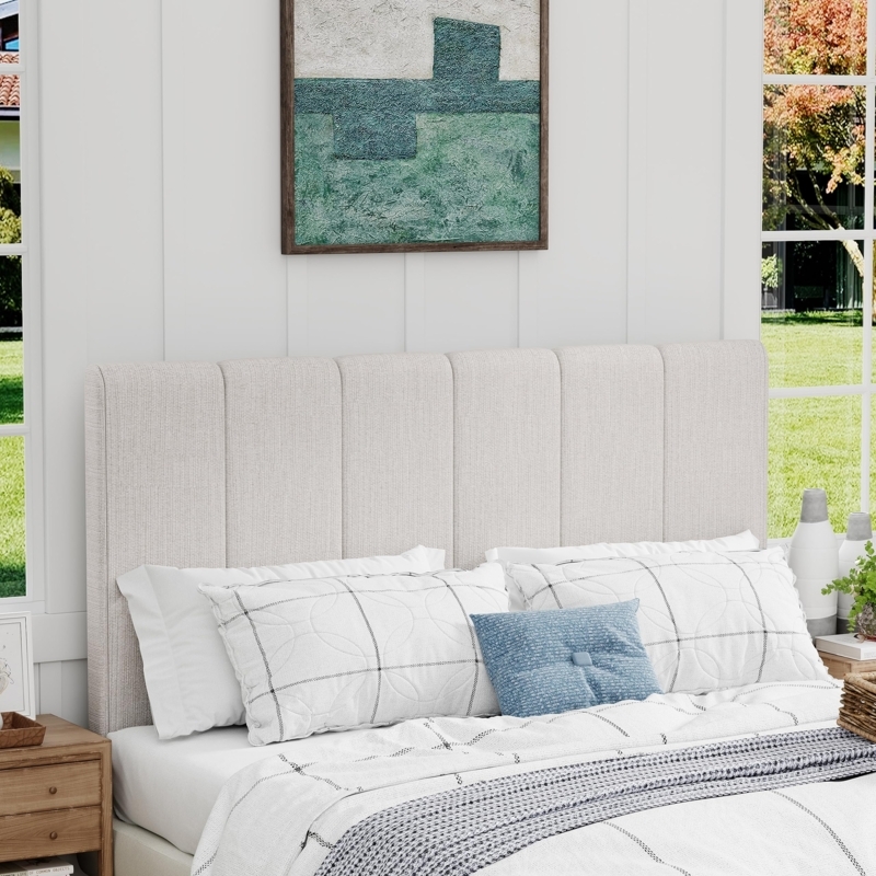 Headboard in Grayish White Linen-Like Fabric with Vertical Tufting