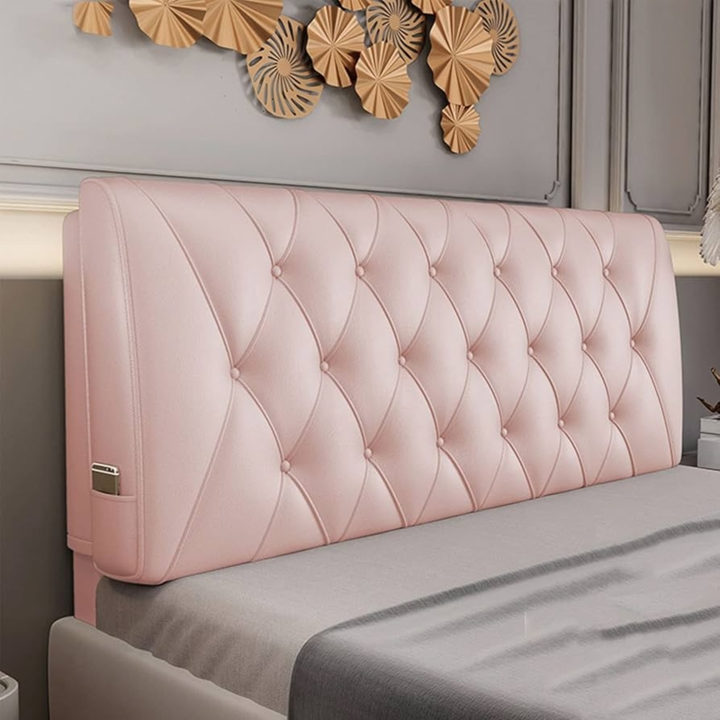 Headboard in Pink Faux Leather with Diamond Tufting & Side Pocket