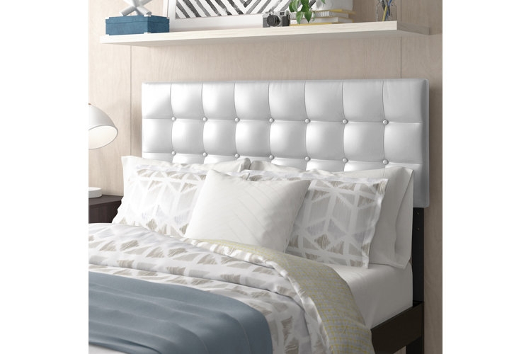 Headboard in White Faux Leather with Grid Tufting & Floating Shelf