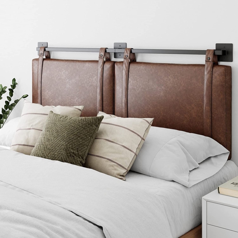 Headboard Industrial Hanging Leather-Like Panels on Black Metal Rail