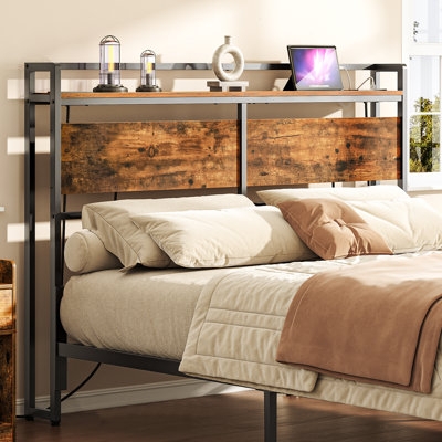 Headboard Integrated Charging Station Top Shelf Industrial Rustic Wood