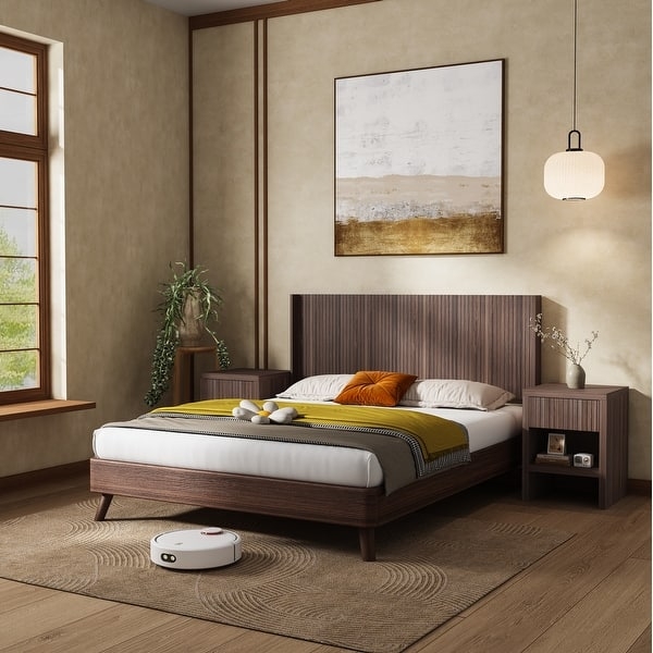 Headboard King Size Fluted Panel Ribbed Texture Japandi Style Wood
