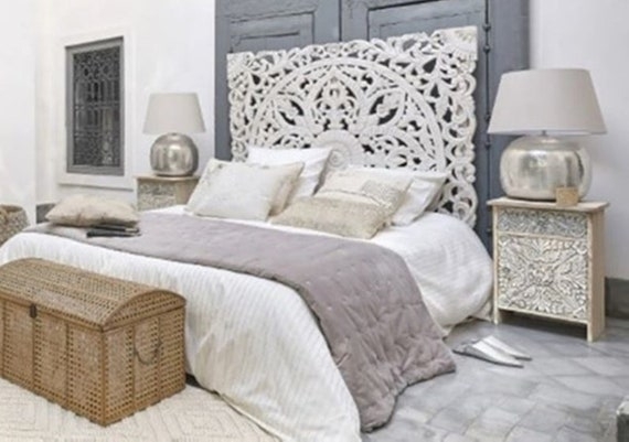 Headboard Large Scale Mandala Carving with Whitewashed Finish
