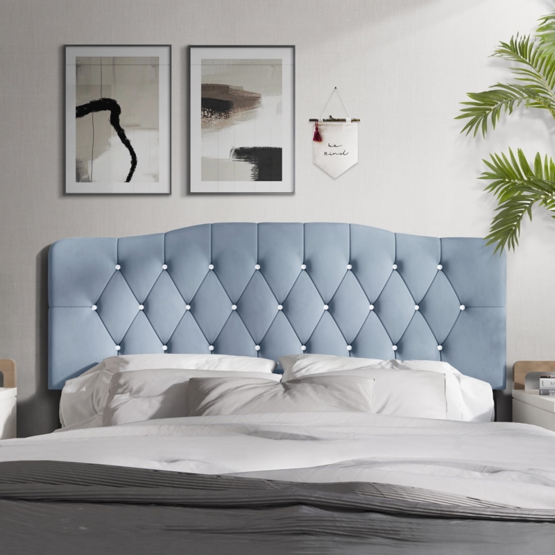 Headboard Light Blue Velvet Arched Crystal Buttons Glam Bedroom