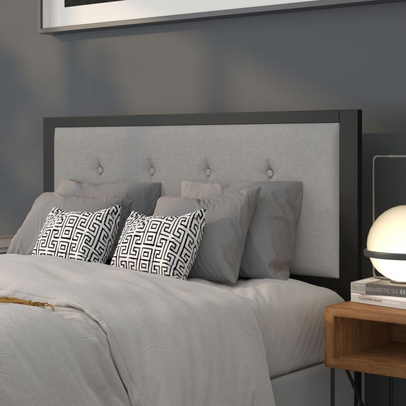 Headboard Light Gray Fabric Black Metal Frame Button Tufted Style