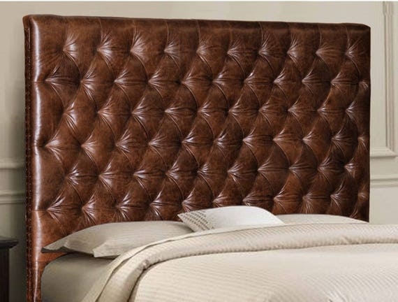 Headboard Mink Brown Leather Deep Tufted Nailhead Chesterfield Style