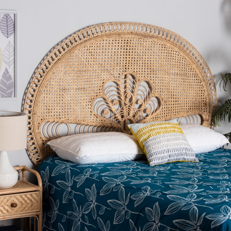Headboard Peacock Fan Center Arched Rattan Natural Cane Weave Boho