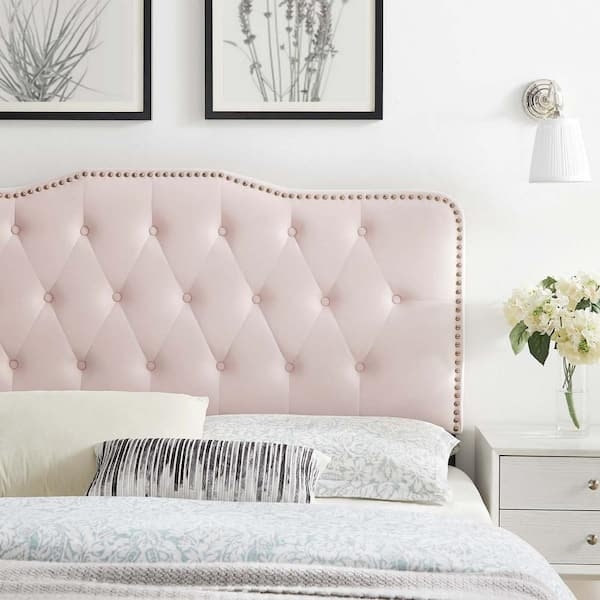 Headboard Pink Velvet Diamond Tufted Silver Nailhead Trim Glam