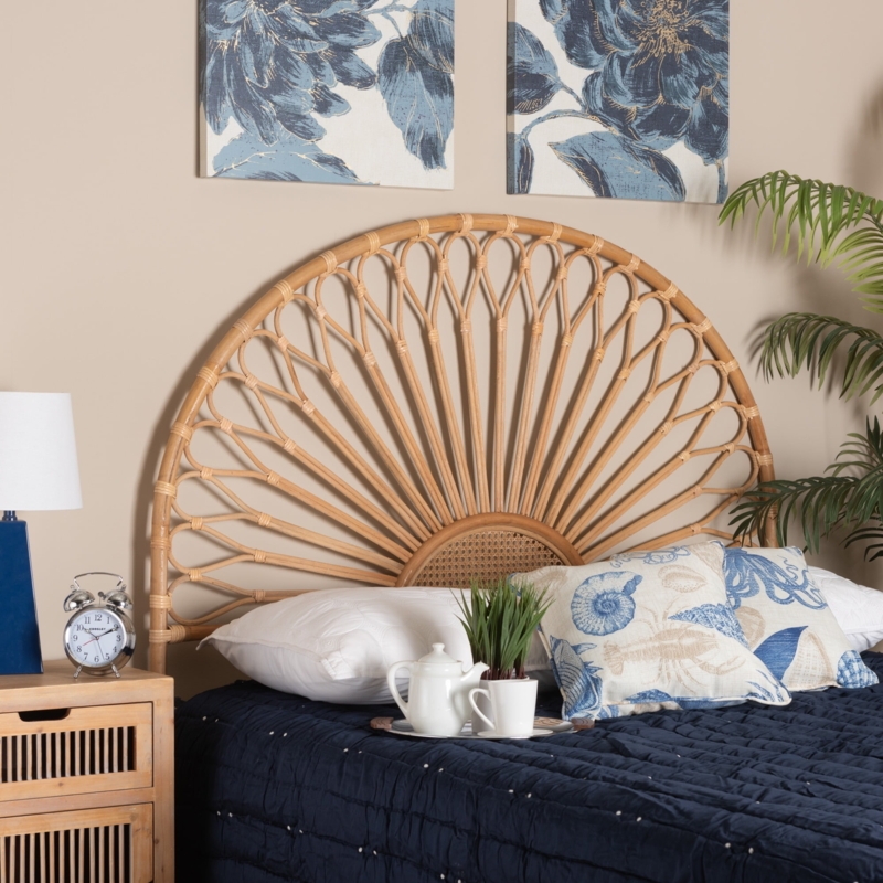 Headboard Radial Pattern Open Weave Sunburst Design Natural Cane