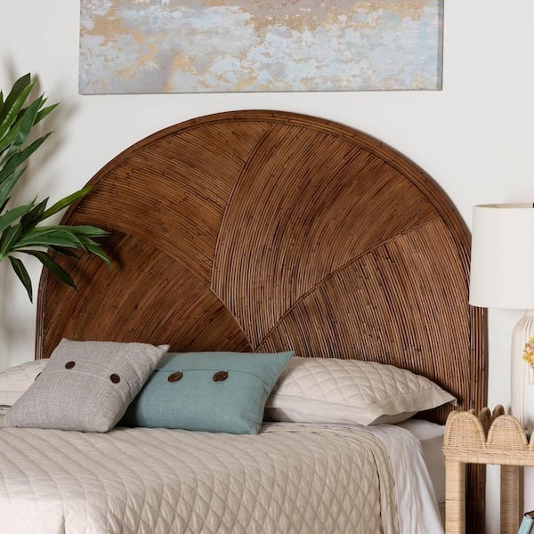 Headboard Radial Rattan Weave Dark Brown Arched Bohemian