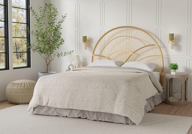 Headboard Radiating Slats Arched Rattan Sunburst Boho Chic