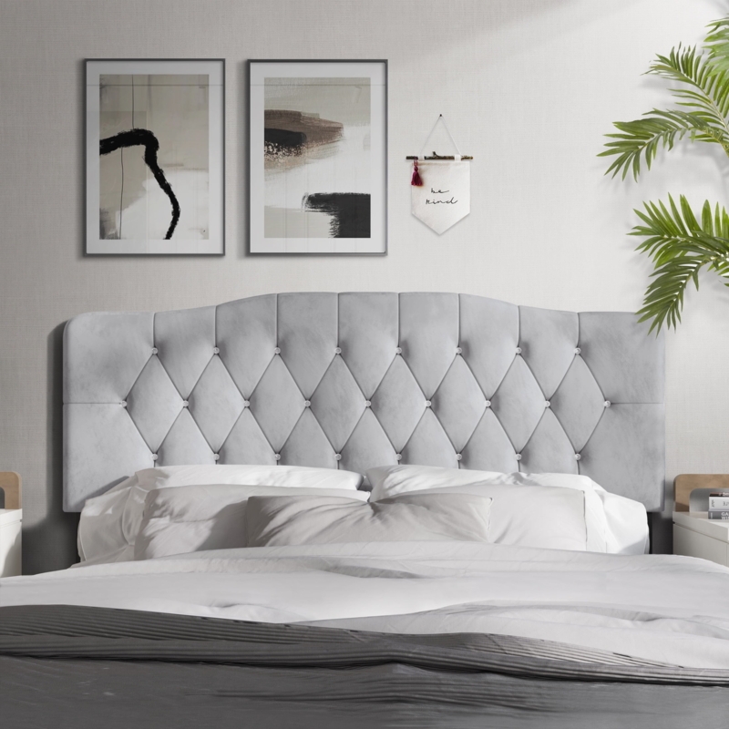 Headboard Silver Grey Velvet Scalloped Top Diamond Tufted Glam