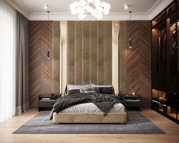 Headboard Tall Vertical Channel Tufting With Chevron Wood Panels