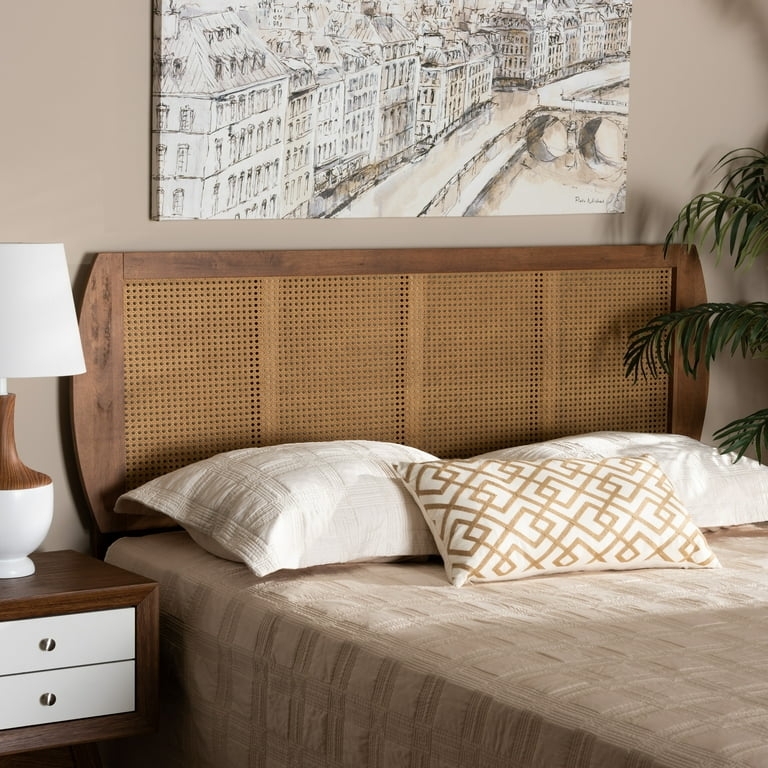 Headboard Three Panel Cane Walnut Wood Mid Century Modern