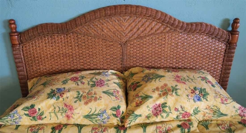 Headboard Turned Wood Finials Scalloped Top Fan Weave Wicker