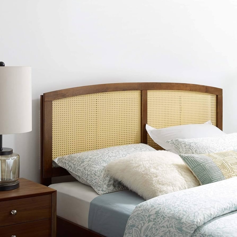Headboard Walnut Finish Arched Cane Two Panel Mid Century