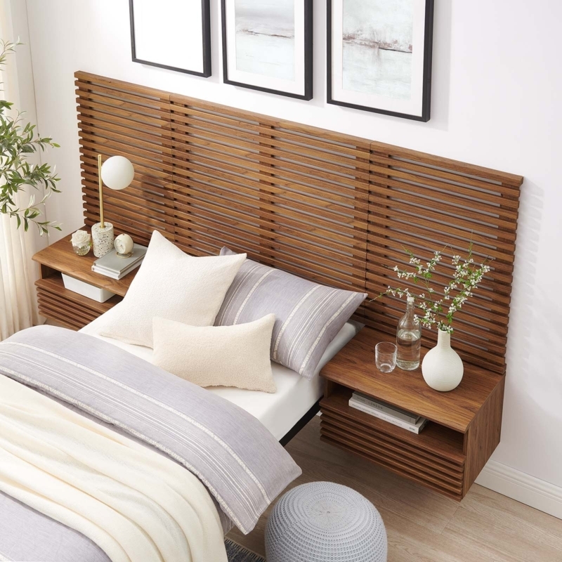 Headboard Walnut Slatted Wood Wall Mount with Floating Nightstands