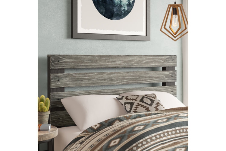 Headboard Weathered Gray Slatted Design Exposed Bolt Heads