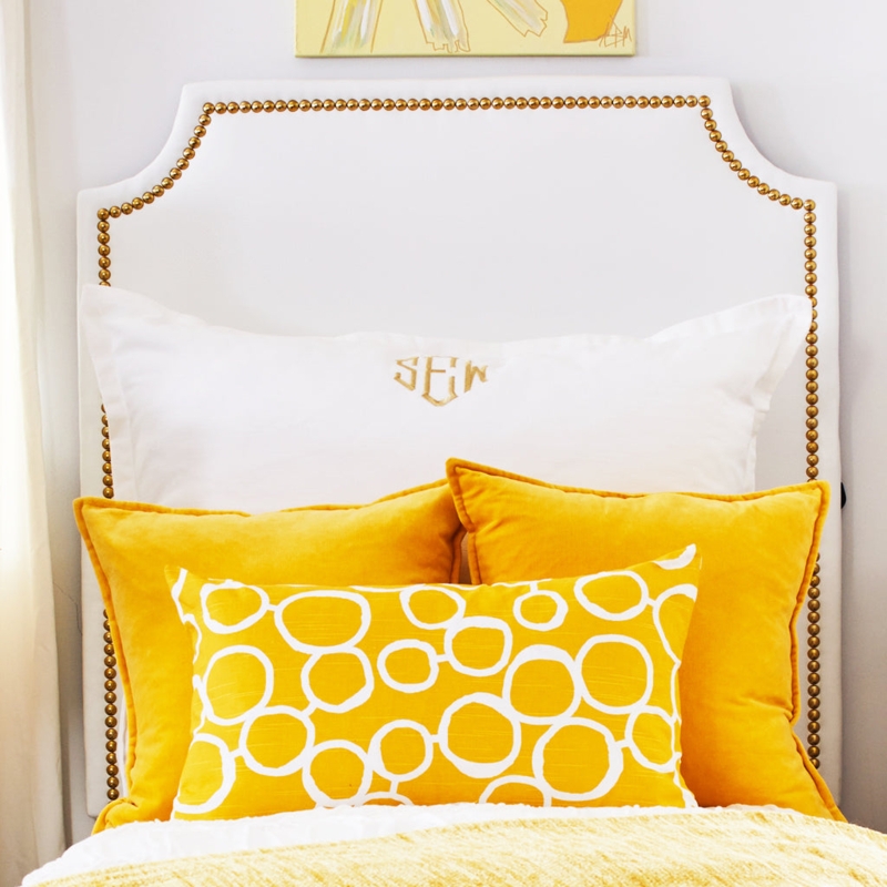Headboard White Faux Leather Gold Nailhead Arched Glam Bedroom