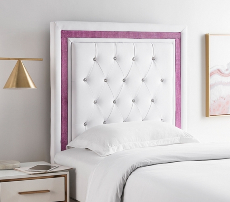 Headboard White Faux Leather Purple Glitter Border Crystal Button