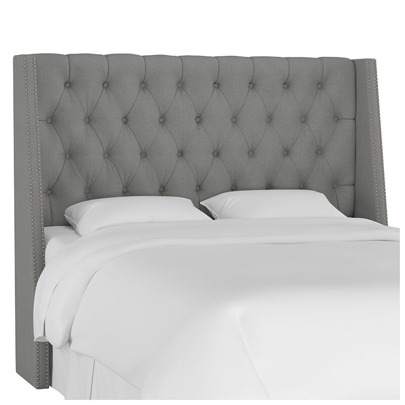 Headboard Wingback Diamond Button Tufted Grey Linen Nailhead Trim
