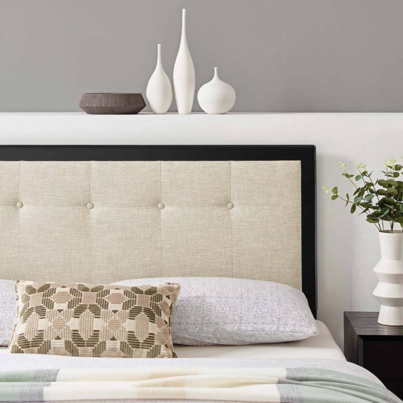 Headboard with Black Frame Beige Button Tufted Mid Century Modern